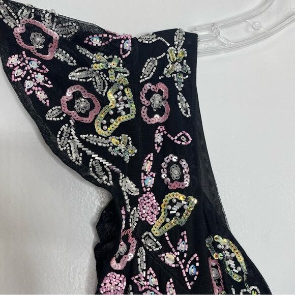 Mac Duggal 5353 Size 14W Floral Beadwork Flare Short Cap Sleeve A-Line Dress - Picture 7 of 13